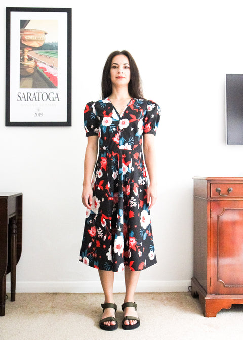 Kloth London Petite Coco Cotton Puff Sleeve Floral Midi Dress - Black Mix