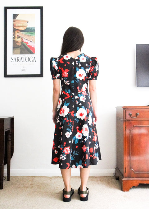 Kloth London Petite Coco Cotton Puff Sleeve Floral Midi Dress - Black Mix