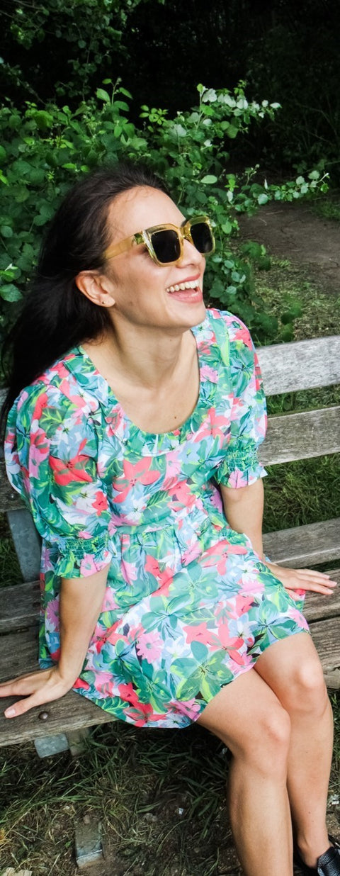 Kloth London Petite Devon Recycled Frill Neck Floral Mini Dress - Green Mix