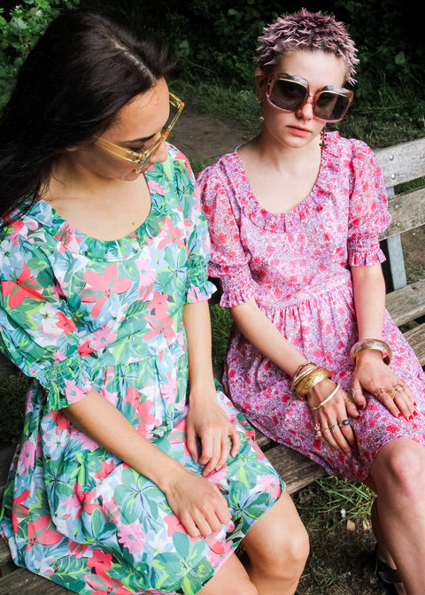 Kloth London Petite Devon Recycled Frill Neck Floral Mini Dress - Green Mix