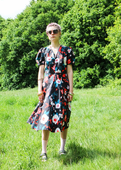 Kloth London Petite Coco Cotton Puff Sleeve Floral Midi Dress - Black Mix