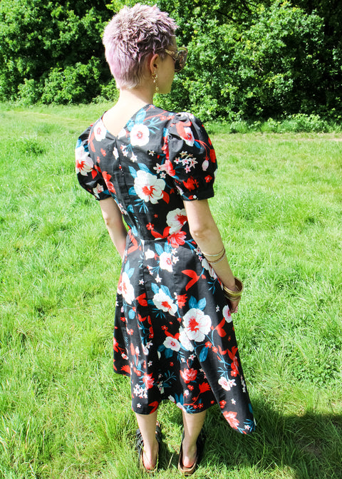 Kloth London Petite Coco Cotton Puff Sleeve Floral Midi Dress - Black Mix